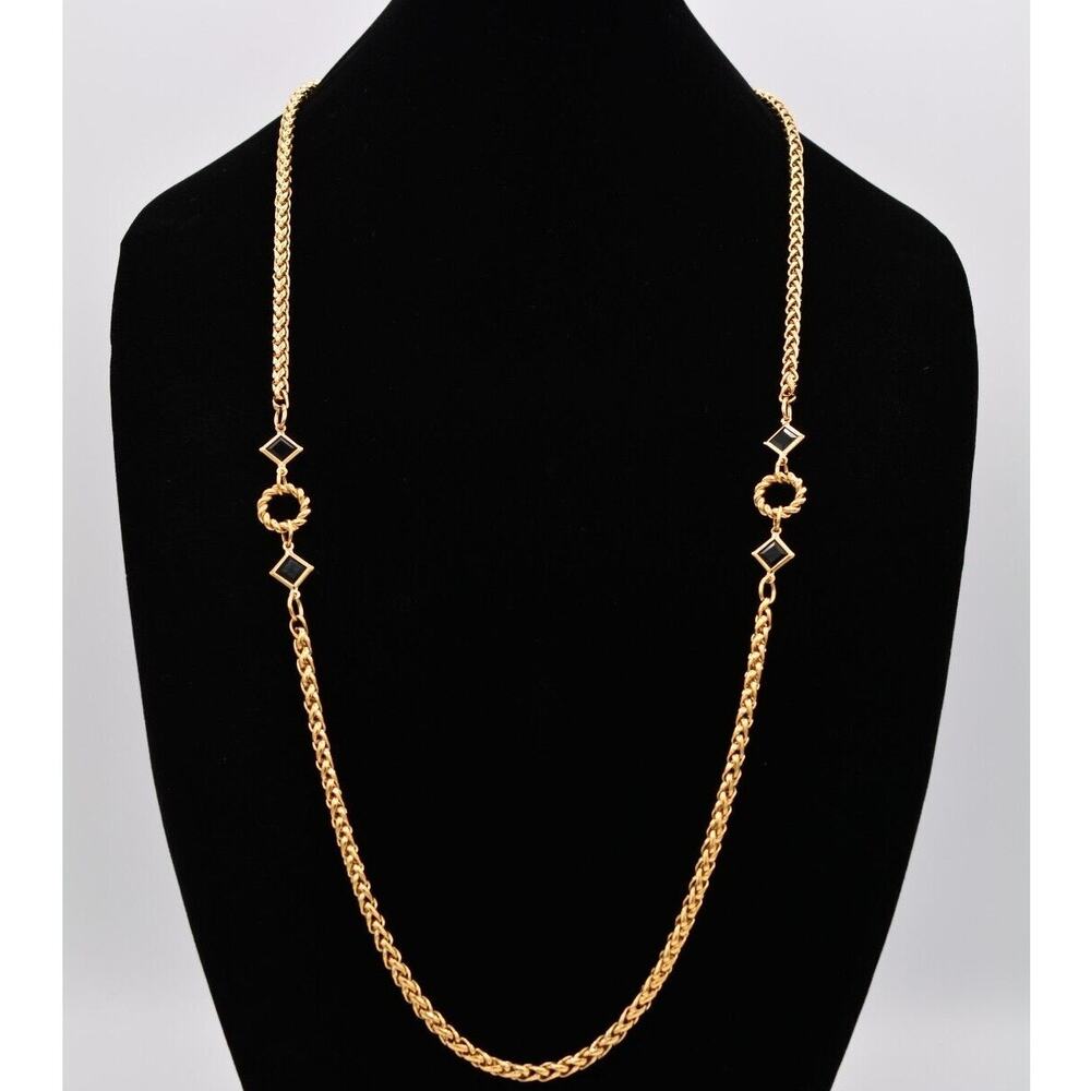 Luminess Open Bezel Crystal Necklace Lucite Black Round Gold Chain Signed 90s 9A